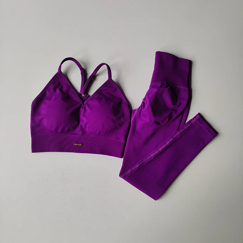 Conjunto de fitness sem costura para levantamento de quadril, sutiã com decote em V, leggings, secagem rápida, exercícios...