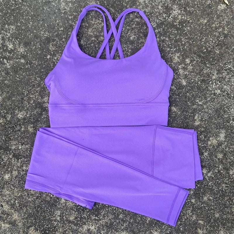 Conjunto de ginástica de cor sólida, sutiã fitness justo e macio, 2 peças, compressão, cintura alta, legging para exercícios, treino abrangente para corrida