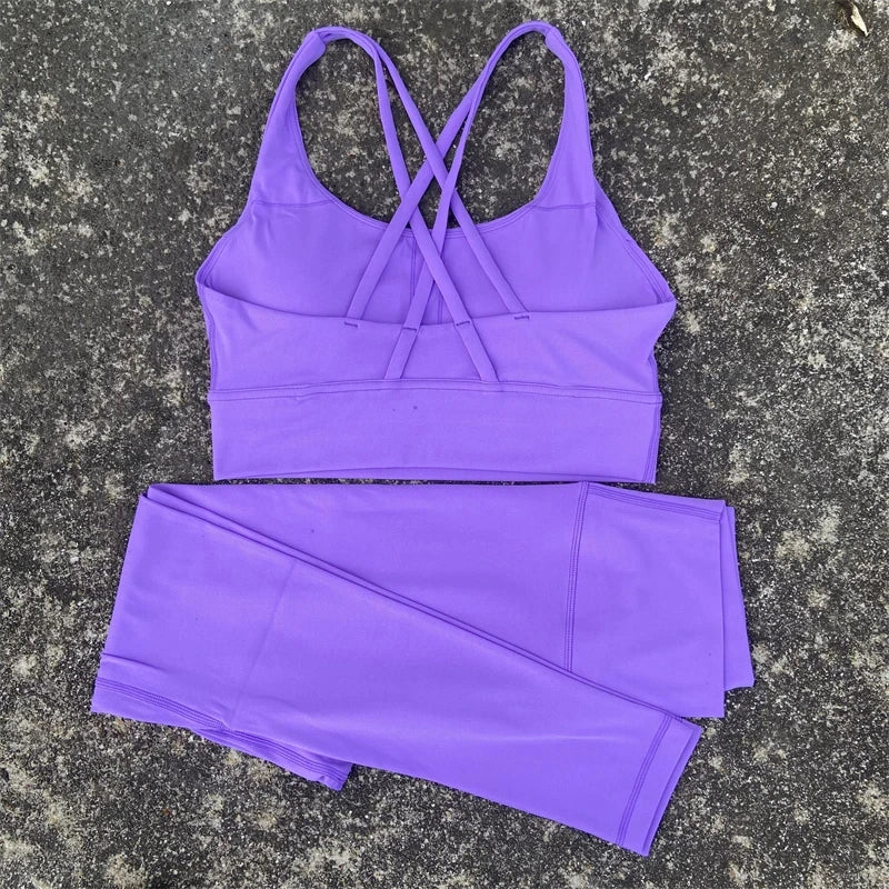 Conjunto de ginástica de cor sólida, sutiã fitness justo e macio, 2 peças, compressão, cintura alta, legging para exercícios, treino abrangente para corrida