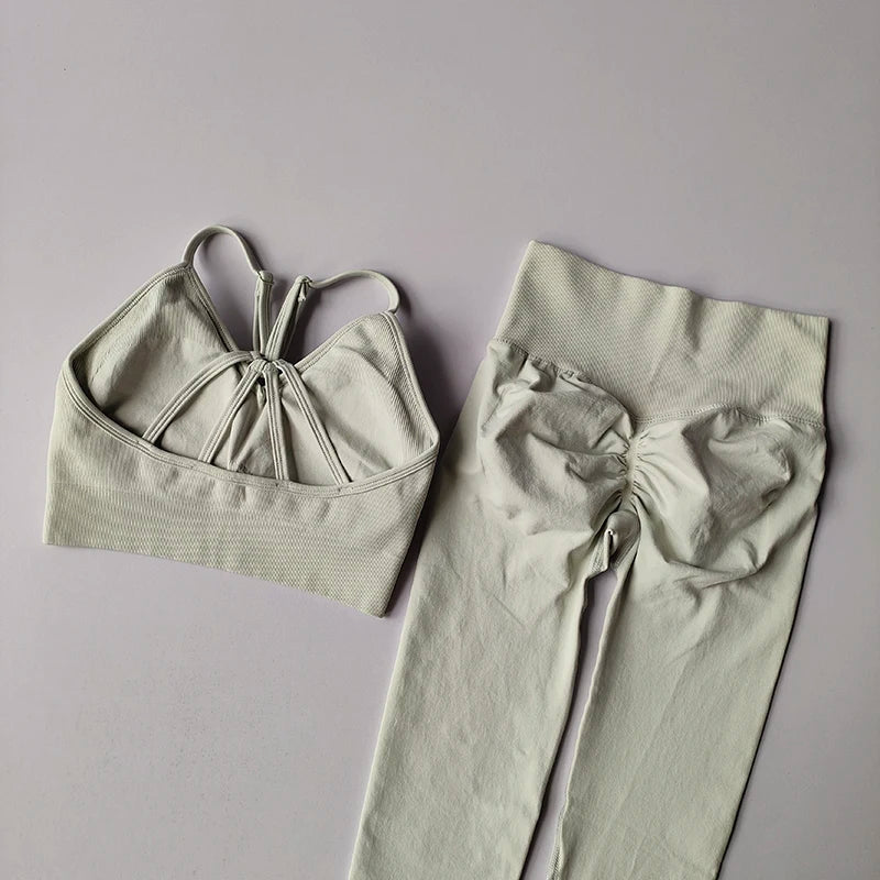 Conjunto de fitness sem costura para levantamento de quadril, sutiã com decote em V, leggings, secagem rápida, exercícios...