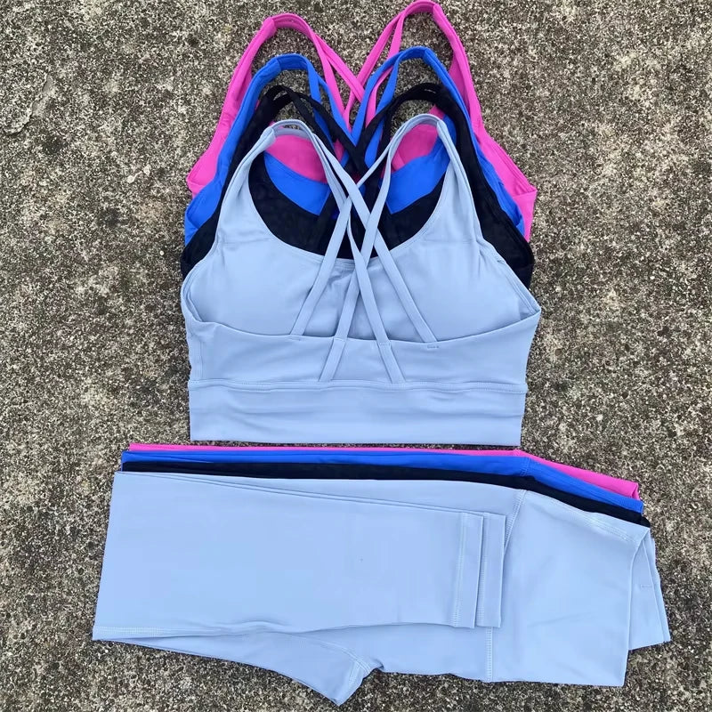 Conjunto de ginástica de cor sólida, sutiã fitness justo e macio, 2 peças, compressão, cintura alta, legging para exercícios, treino abrangente para corrida