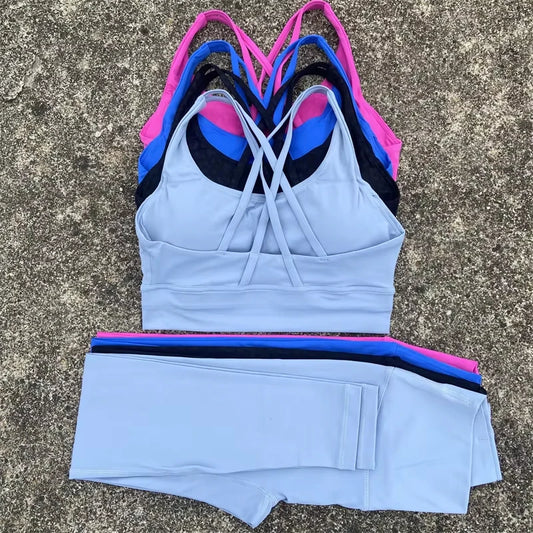 Conjunto de ginástica de cor sólida, sutiã fitness justo e macio, 2 peças, compressão, cintura alta, legging para exercícios, treino abrangente para corrida