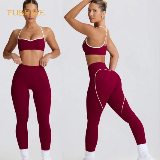 Conjunto de calças FUBEIKE, roupa esportiva para ioga, top pêssego, coração, levantamento de quadril, calças curtas, fitness, conjunto de duas peças, roupa feminina.