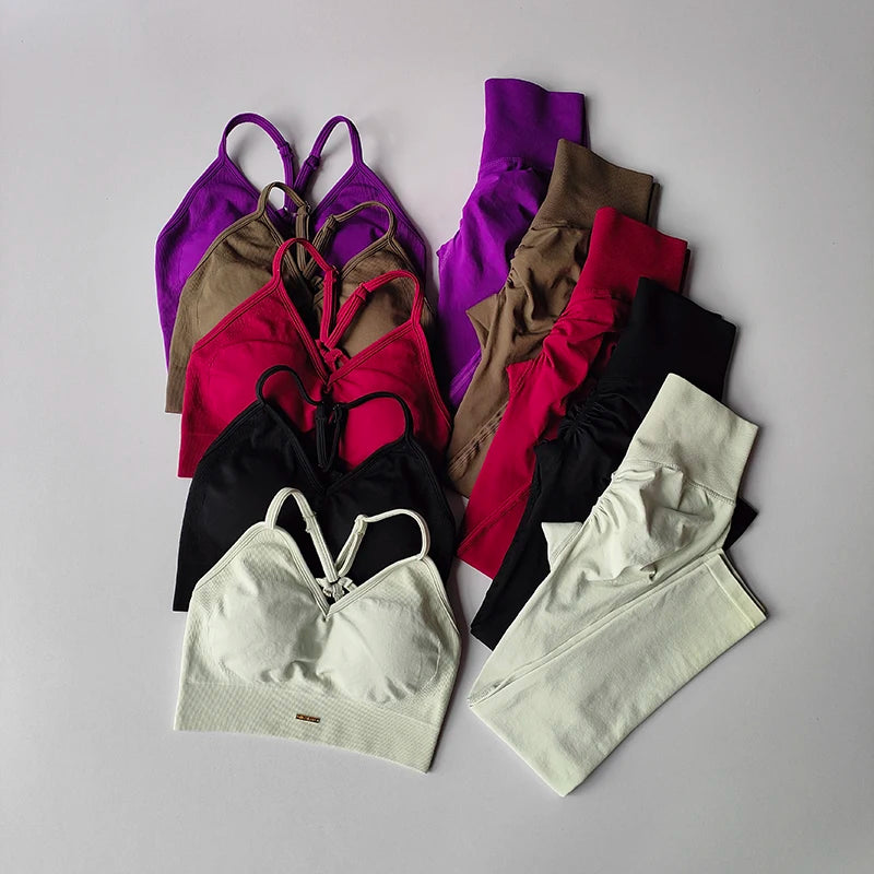 Conjunto de fitness sem costura para levantamento de quadril, sutiã com decote em V, leggings, secagem rápida, exercícios...