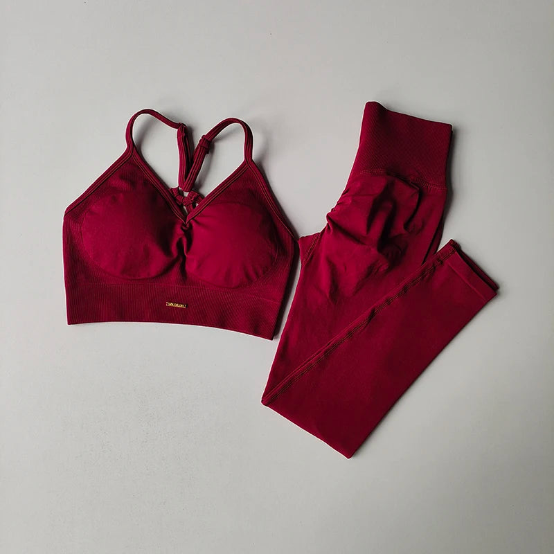 Conjunto de fitness sem costura para levantamento de quadril, sutiã com decote em V, leggings, secagem rápida, exercícios...