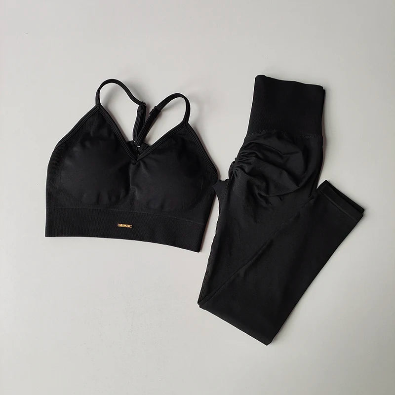 Conjunto de fitness sem costura para levantamento de quadril, sutiã com decote em V, leggings, secagem rápida, exercícios...