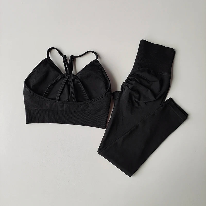 Conjunto de fitness sem costura para levantamento de quadril, sutiã com decote em V, leggings, secagem rápida, exercícios...