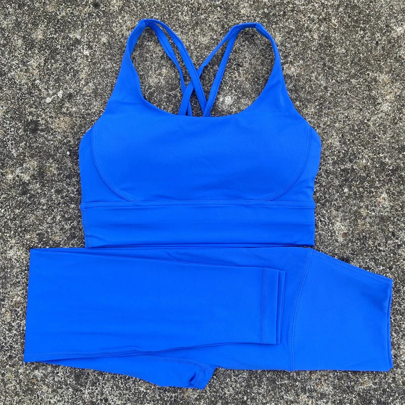 Conjunto de ginástica de cor sólida, sutiã fitness justo e macio, 2 peças, compressão, cintura alta, legging para exercícios, treino abrangente para corrida