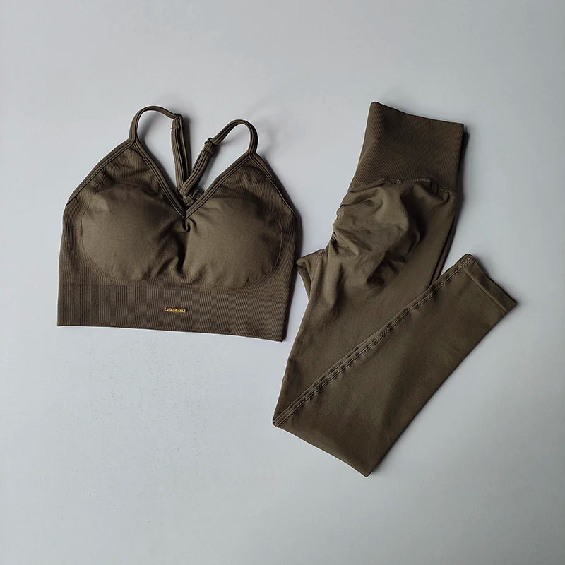 Conjunto de fitness sem costura para levantamento de quadril, sutiã com decote em V, leggings, secagem rápida, exercícios...