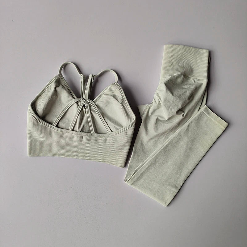 Conjunto de fitness sem costura para levantamento de quadril, sutiã com decote em V, leggings, secagem rápida, exercícios...