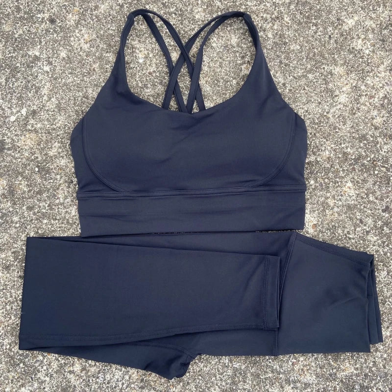 Conjunto de ginástica de cor sólida, sutiã fitness justo e macio, 2 peças, compressão, cintura alta, legging para exercícios, treino abrangente para corrida